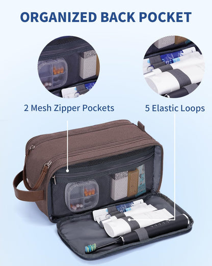 WANDF Toiletry Bag for Men Travel Toiletry Organizer Canvas and Leather Dopp Kit Water-Resistant Shaving Bag for Travel Accessories (Brown, Large)