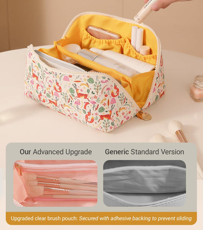 Aveniee Travel Makeup Bag for Women, Large Cosmetic Organizer with Open-Flat Design, Clear Divider & Handle - Waterproof PU Leather Toiletry Pouch