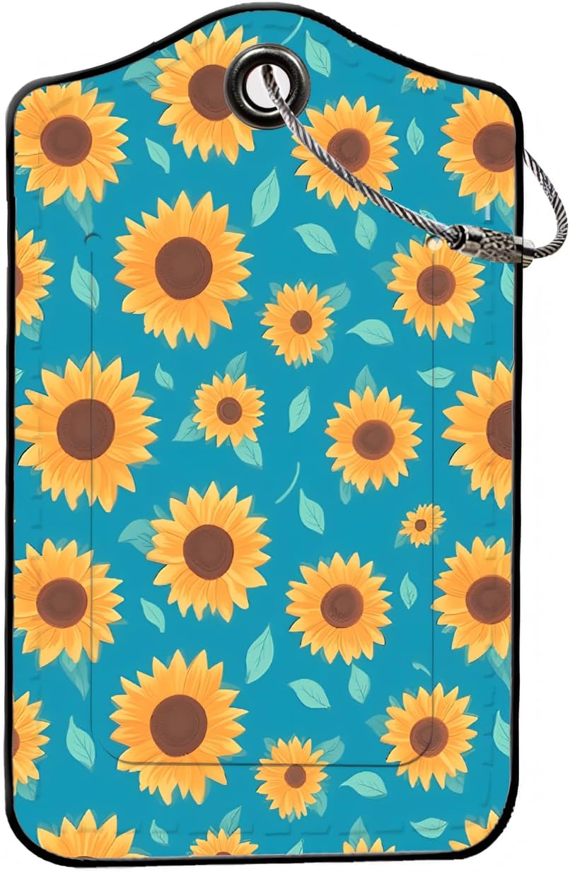 Luggage Tags for Suitcases, 2-Pack PU Leather for Cruise & Travel, Baggage ID Tags with Privacy Cover & Address Card, Durable Metal Ring, Kids Adults Travel Accessories, Turquoise Sunflowers