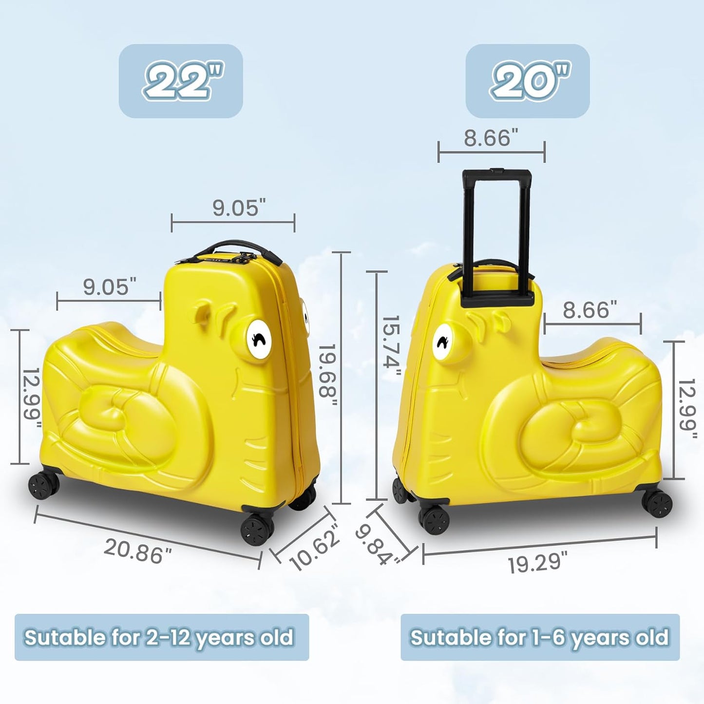 Kids Luggage, Kids Ride-on Luggage with Spinner Wheels Suitcase, Kid's Ride-On Suitcase Help Your Child Relax, Carry On Trolley with Password Lock (Yellow, 20 inches)