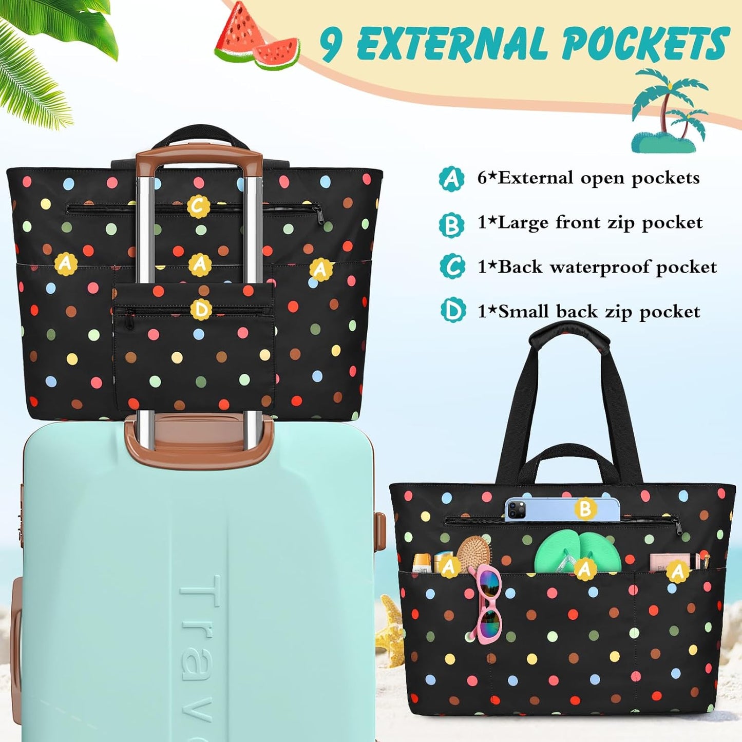 Extra Large Beach Bags for Women, Waterproof Sandproof Beach Tote Bag Zipper Foldable Swim Pool Bag with Wet Pocket