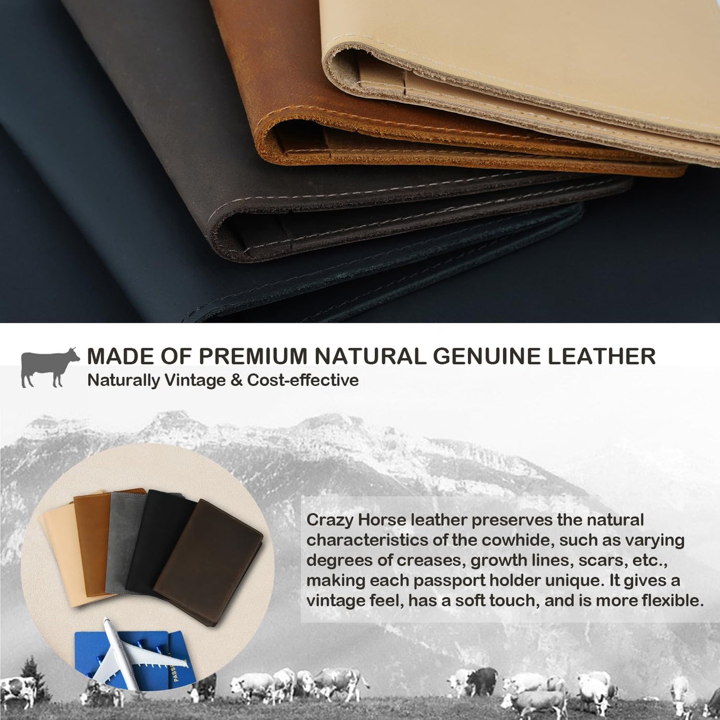 Real Leather Passport Holder for Men and Women, Handmade Wallet Cover Case, Travel Must-Haves Essentials Accessories, Birthday Gifts (Crazy Horse, Brown)