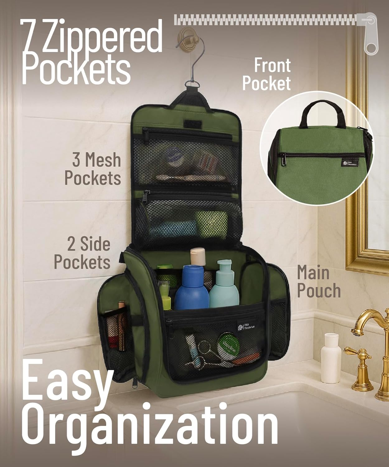 DD D&D Wanderlust D&D Hanging Travel Toiletry Bag for Men and Women. Extra Large Hanging Wash Bag Organizer with 10 Compartments, Zippers, XXL Metal Swivel Hook, Water-Resistant Nylon