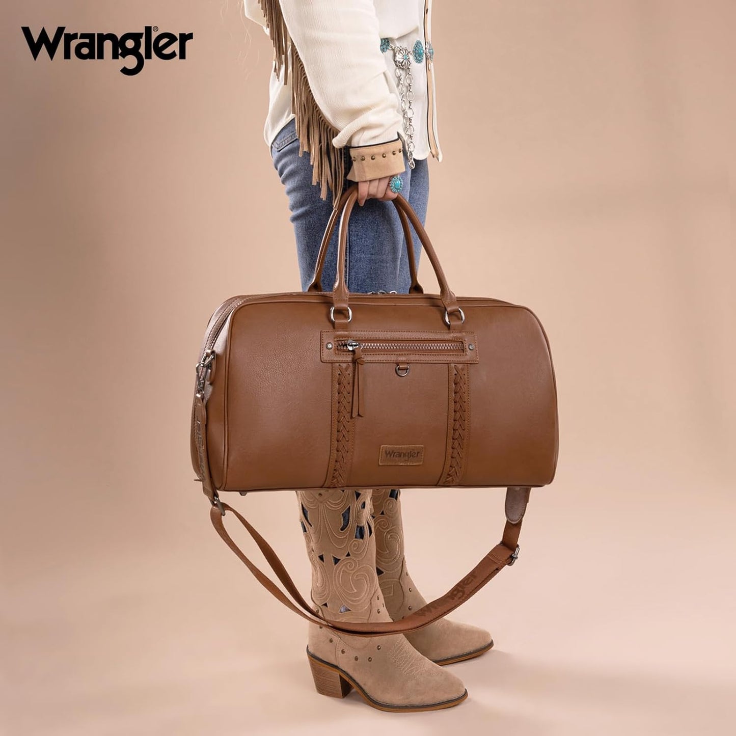 Wrangler Travel Duffel Bag Large Weekender Bag for Women Designer Carry on Overnight Bag for Trips Leather Luggage Bag Brown
