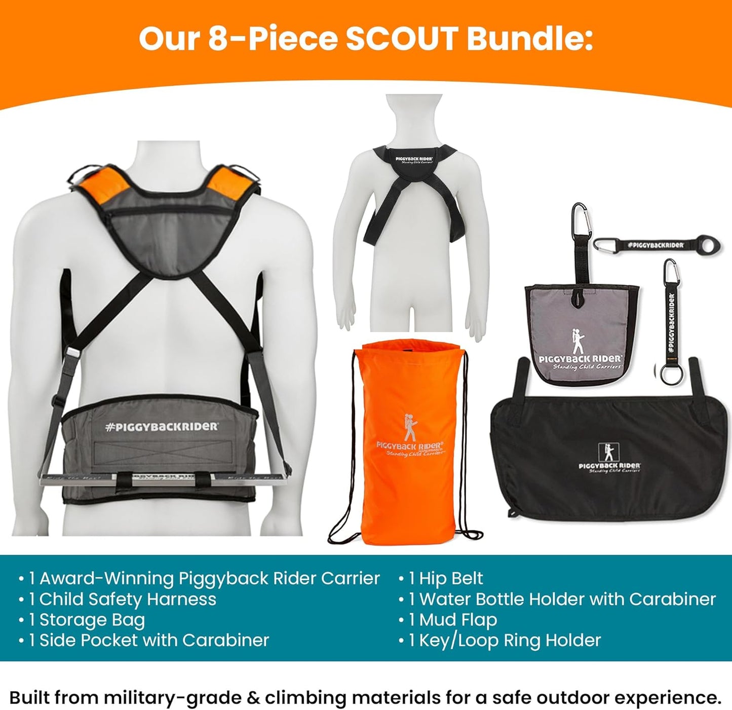 Piggyback SCOUT Toddler Carrier Backpack Deluxe with 6-Piece Accessory Set: Hip Belt, Carry Bag, Side Pocket, Mud Flap, Water Bottle & More - For Ages 2-4 (Under 50 lbs) - Hiking & Travel