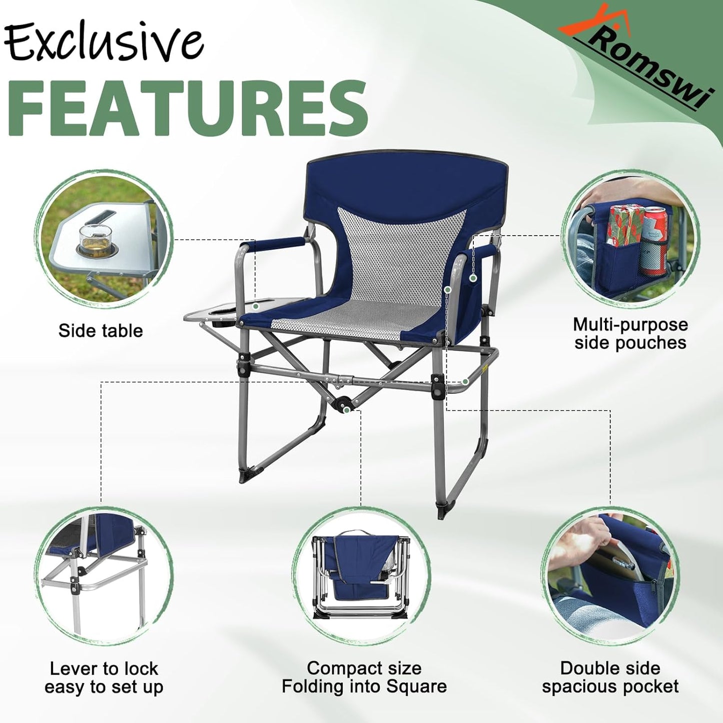 Romswi 2PK Folding Director Chairs, Camping Chair for Outdoor, Compact Directors Chair with Side Table Side Bag, Heavy Duty Oversize Seat for Beach Fishing Picnic Chairs, Holds up to 300 lbs Blue