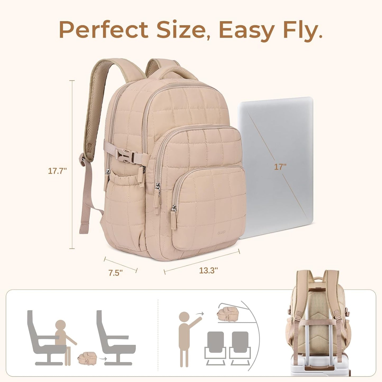 CLUCI 17.3 Inch Laptop Backpack for Women, Anti Theft Travel Backpack, Puffer Quilted Work Backpack, Water Resistant College Bookbag, Carry on backpack with RFID (Khaki)