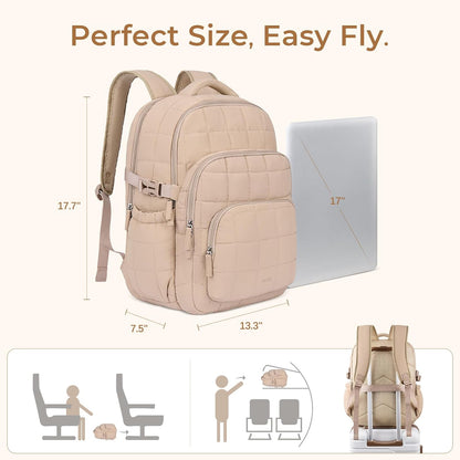 CLUCI 17.3 Inch Laptop Backpack for Women, Anti Theft Travel Backpack, Puffer Quilted Work Backpack, Water Resistant College Bookbag, Carry on backpack with RFID (Khaki)