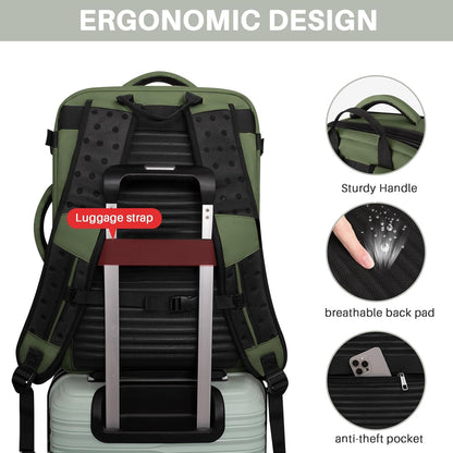 Travel Backpack Carry On Flight Approved, Lightweight Large Travel Backpack, Expandable with USB Charging Hole, Waterproof Causal Bookbag for Travel Work College Fits 17 inch Laptop, Green