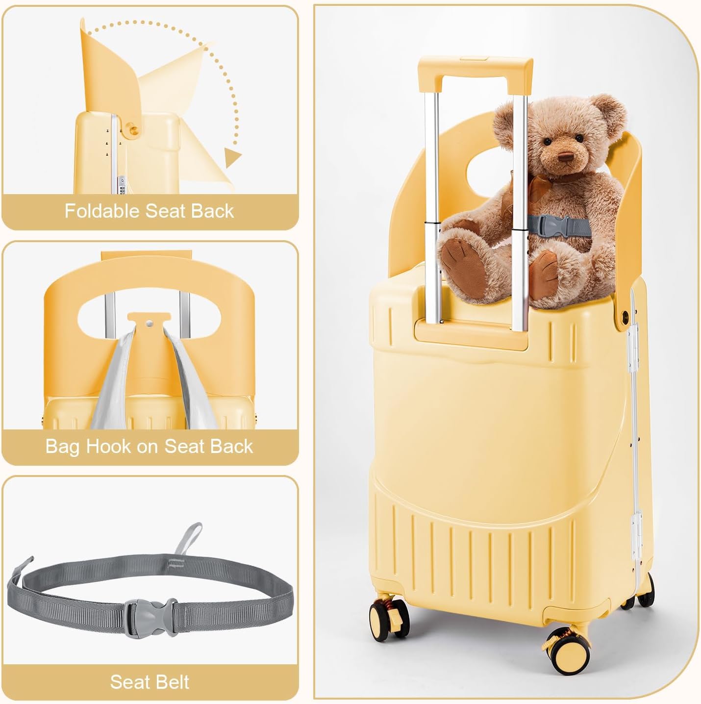 MRPLUM Ride On Luggage with Seat for Kids&Adults with Seat Belt,Hard Shell Lightweight Rolling Spinner Wheels Travel Luggage with TSA Lock,20 inch,Yellow