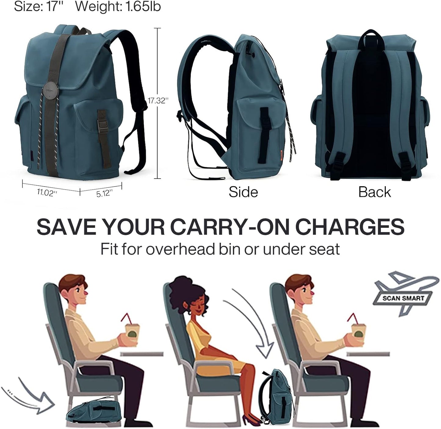 mixi Travel Laptop Backpack for Women & Men Carry On Backpack fits 16'' Laptop, Waterproof Lightweight Casual Weekender Bags Rucksack,17 Inch, Abyssal Green