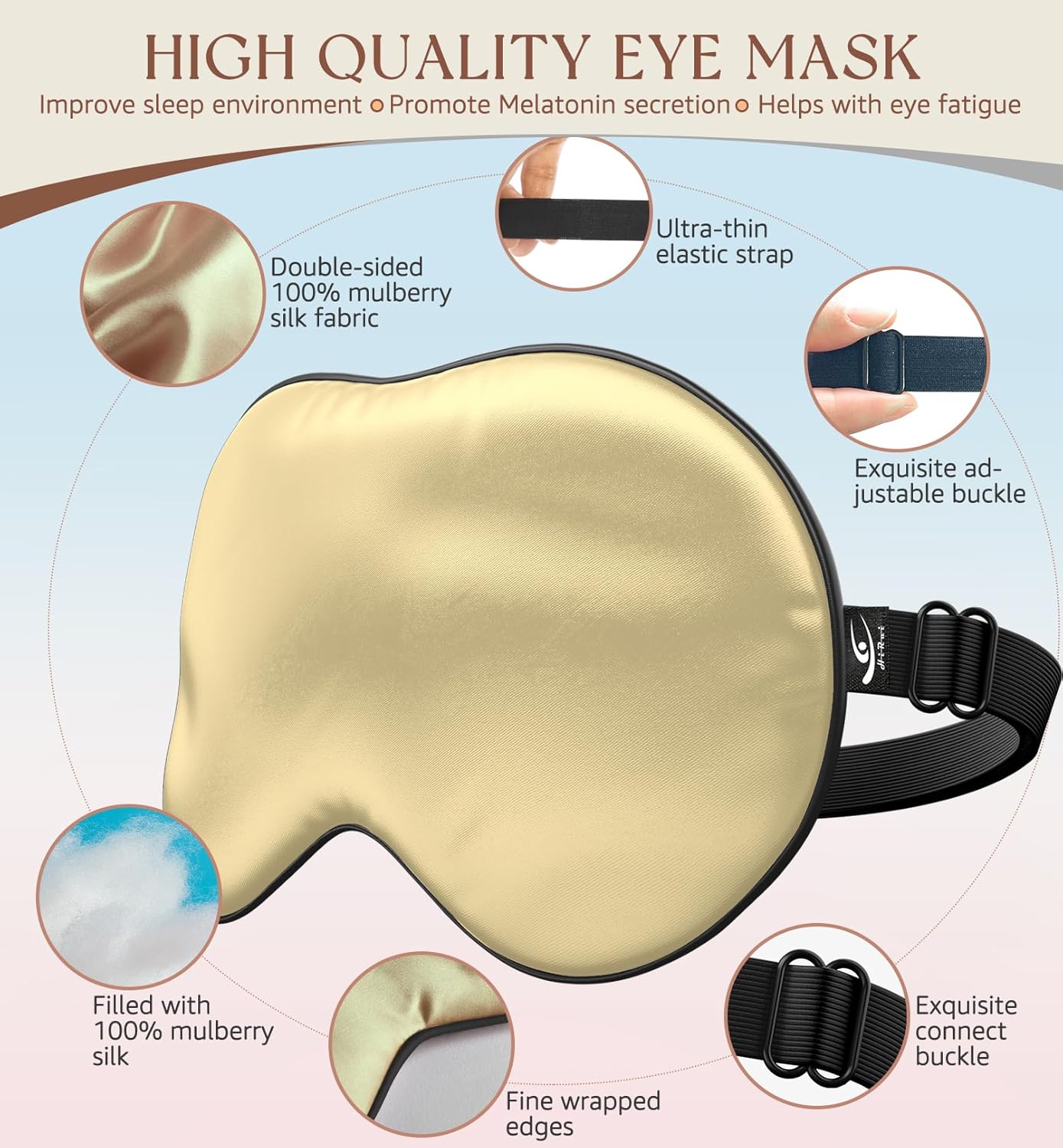 HiRui Silk Sleep Mask, 100% Natural Mulberry Silk of Double-Sided & Inner-Filling, Ultra-Smooth Soft, Adjustable Strap, Blocks Light for Night Sleeping, Travel, Office Naps (Champagne)