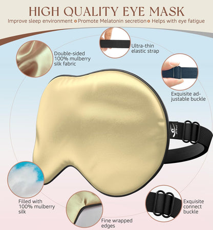 HiRui Silk Sleep Mask, 100% Natural Mulberry Silk of Double-Sided & Inner-Filling, Ultra-Smooth Soft, Adjustable Strap, Blocks Light for Night Sleeping, Travel, Office Naps (Champagne)