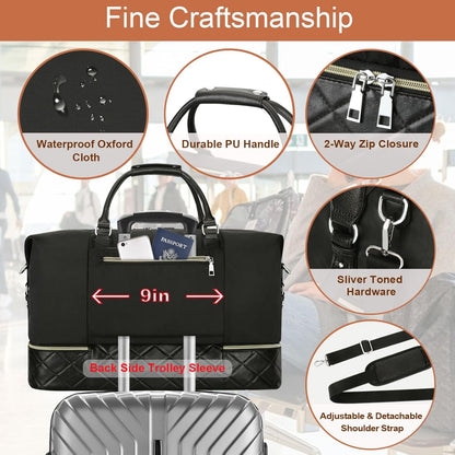 Weekender Bag for Women, Travel Duffel Bag Carry On Overnight Bag with Shoe Compartment Large Nylon Travel Weekend Tote Bag