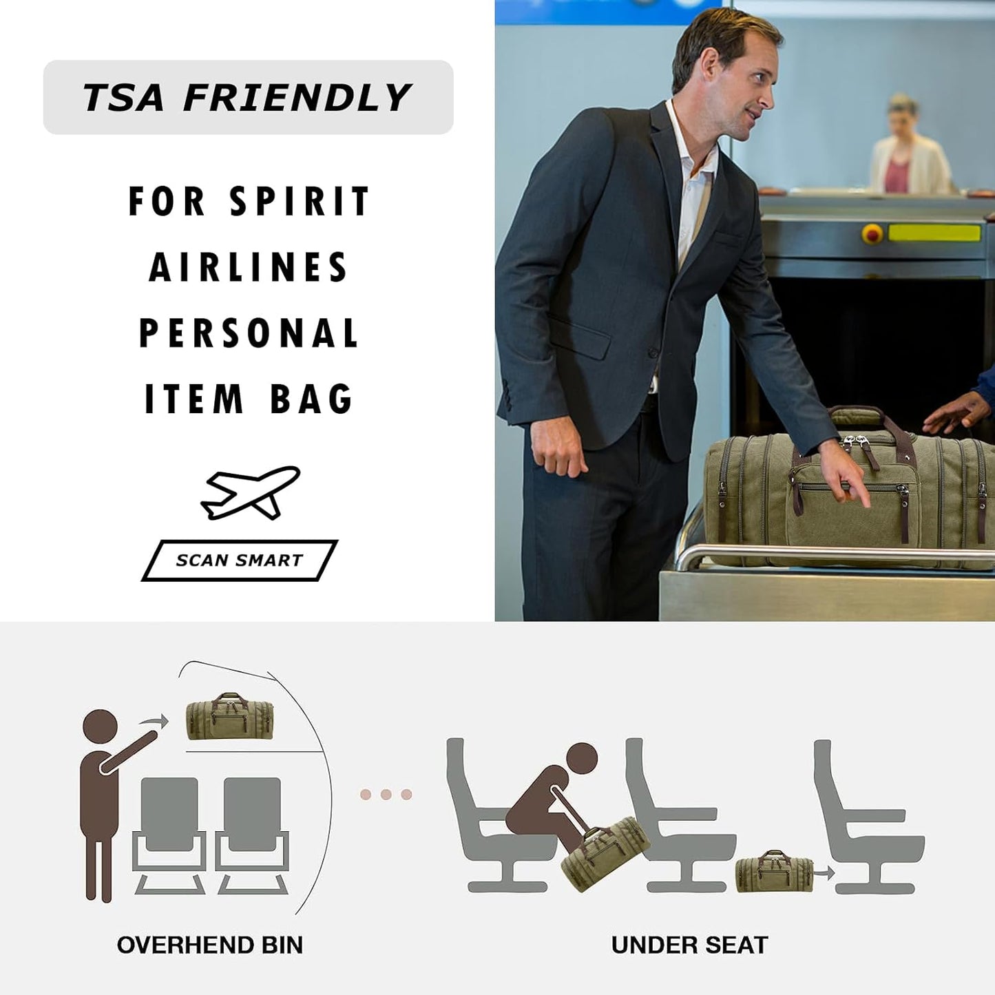 Felipe Varela Green 40L Canvas Duffel Bag for Men, Expandable Travel Gym Overnight Carry On Bag