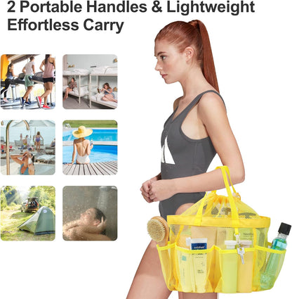 F-color Mesh Shower Caddy Portable with Drawstring - Upgrade Deeper 7 Pockets Dorm Room Essentials for Guys Girls with S Hook, Shower Bag Basket Tote for College Camping Toiletry Bathroom, Yellow