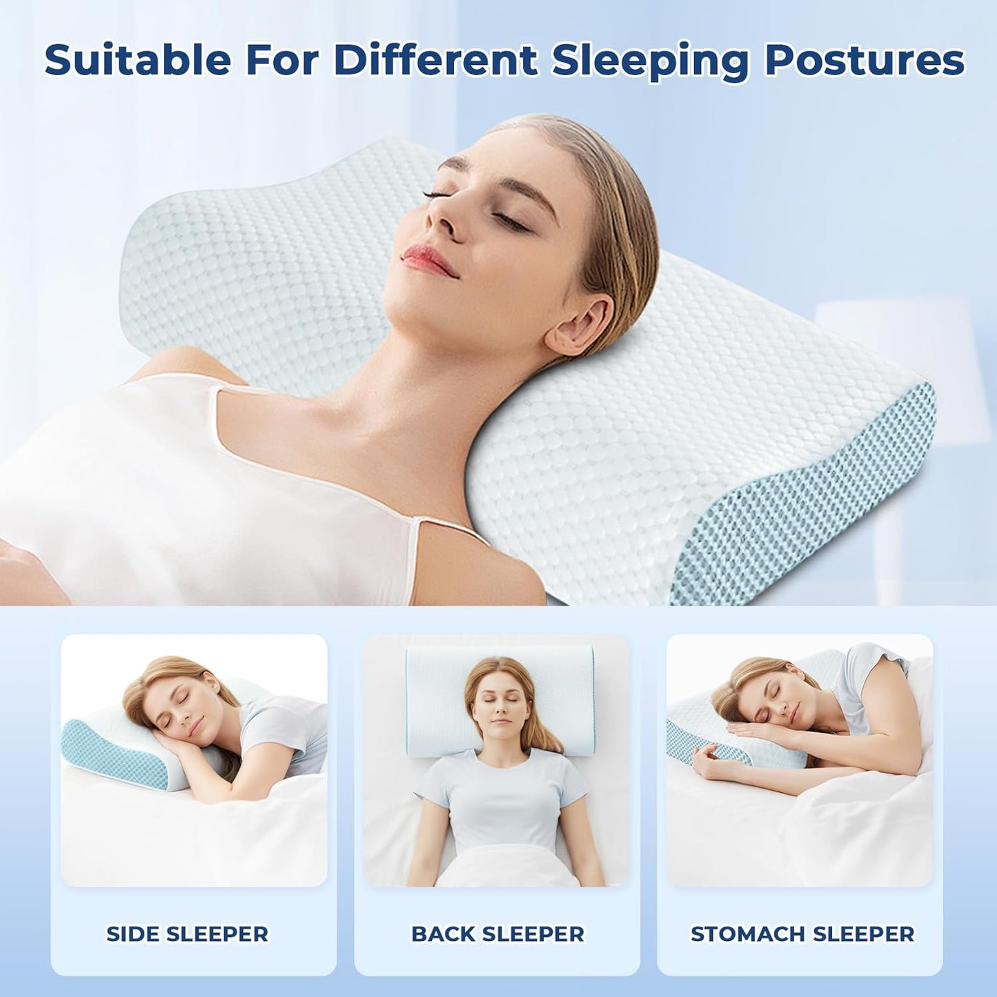 Memory Foam Pillows 2 Pack Neck Pillow - Neck Support Pillow for Pain Relief, Ergonomic Cervical Pillow for Sleeping, Orthopedic Contour Bed Pillow for Side, Back, Stomach Sleepers,Blue
