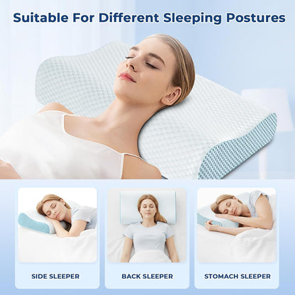 Memory Foam Pillows 2 Pack Neck Pillow - Neck Support Pillow for Pain Relief, Ergonomic Cervical Pillow for Sleeping, Orthopedic Contour Bed Pillow for Side, Back, Stomach Sleepers,Blue
