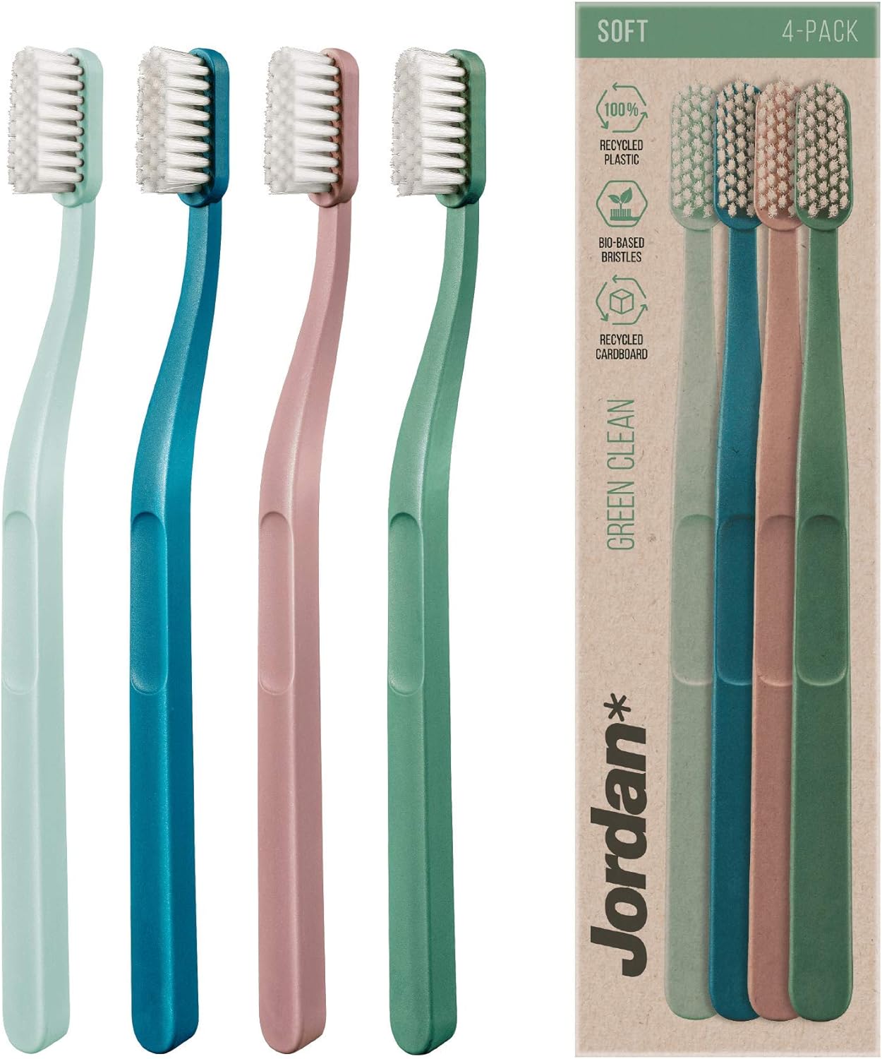 Jordan Green Clean Manual Toothbrush - Sustainable, Scandinavian Design, Soft Bristles, Mixed Colors, 4 Units