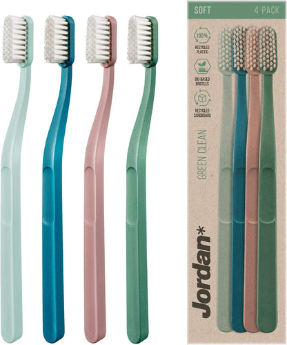 Jordan Green Clean Manual Toothbrush - Sustainable, Scandinavian Design, Soft Bristles, Mixed Colors, 4 Units