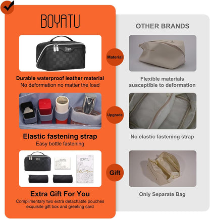 BOYATU Travel Makeup Bag Organizer Cosmetic Bag: 3 Pcs Set Make up Bags for Women with Handle - Waterproof Vegan Leather Toiletry Bags with Comparments (01-Black)