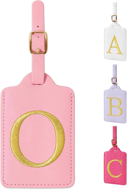 Personalized Initial Luggage Tags for Suitcase, Pink Leather Cute Luggage Tags with Privacy Cover Name Card, Embroidered Custom Monogrammed Luggage Tag Travel Bag Baggage Tags Gifts for Women Kids(O)