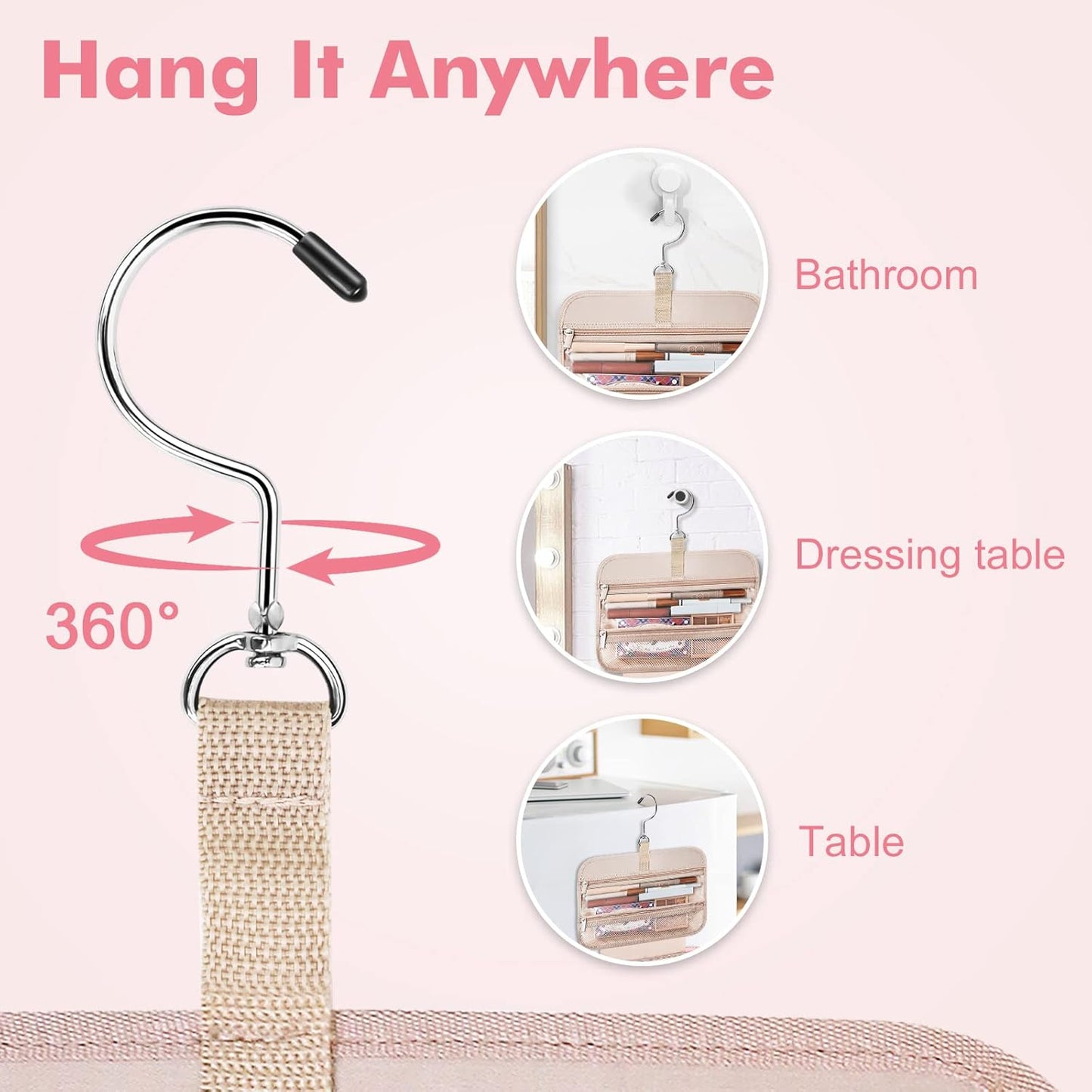 Wedama Toiletry Bag for Women, Large Cosmetic Travel Bag, Hanging Toiletry Bag for Bathroom, Thickened PVC Waterproof Travel Makeup Bag, Toiletries Bag for Travel Business Trips and Camping, Pink