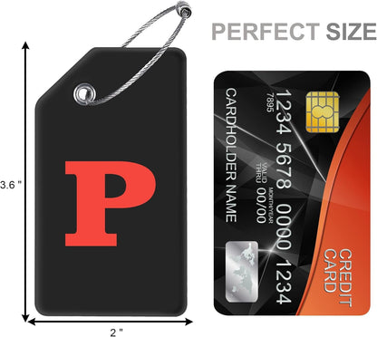 8 Pcs Luggage Tags for Suitcases, 26 Initial Letter Travel Luggage Baggage Identification Labels ID Tags Fully Bendable Tags with Stainless Steel Loop (Letter P, Black)