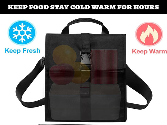 Insulated Foldable Lunch Bag- Lightweight Portable with Adjustable Shoulder Strap Lunch Box for Men, Women, Office, Work, Picnic, Hiking and Beach (Black(Soft Fabric))