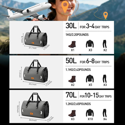 Waterproof Duffel Bag, 50L Roll-top Motorcycle Dry Bag with Air Valve & Quick-fixed Straps, Travel Duffle Bags for Kayaking Paddle Boarding Rafting Boating Camping Riding Fishing - Grey