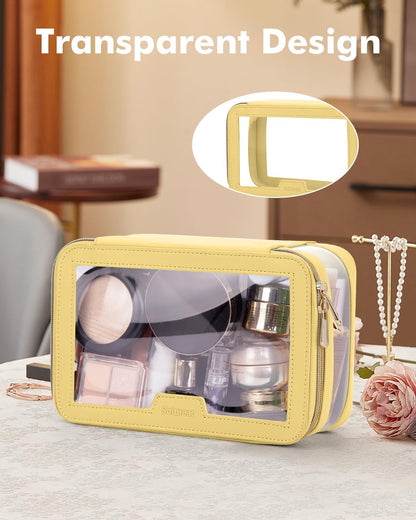 Travel Clear Makeup Bag with Makeup Brush Bag, Leather Makeup Case Toiletry Bag, Portable Cosmetic Bag Case, Transparent Waterproof Cosmetic Organizer Storage Bag for Women, Yellow