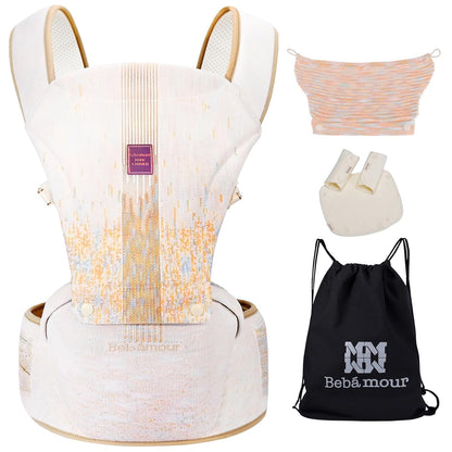 Bebamour Baby Carrier Newborn to Toddler with Hip Seat Baby Carrier Front and Back Carry Carrier with Head Hood, 3 PCS Teething Pads,Storage Bag (White-Knit)