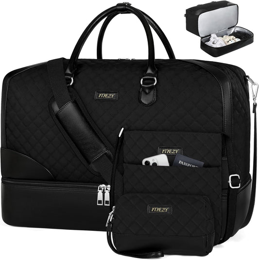 Weekender Bag for Women, Travel Duffel Bag Carry On Overnight Bag with Shoe Compartment Large Nylon Travel Weekend Tote Bag