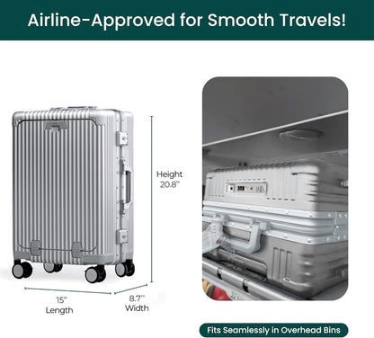 Nobl Travel Carry On Luggage, Noble Zipperless Aluminum Frame PC Hard Shell Suitcase, 20.8"x15"x8.7" Airline Approved, 360° Spinner Wheels, TSA Locks, USB Charging Port, Cup & Phone Holder - Silver