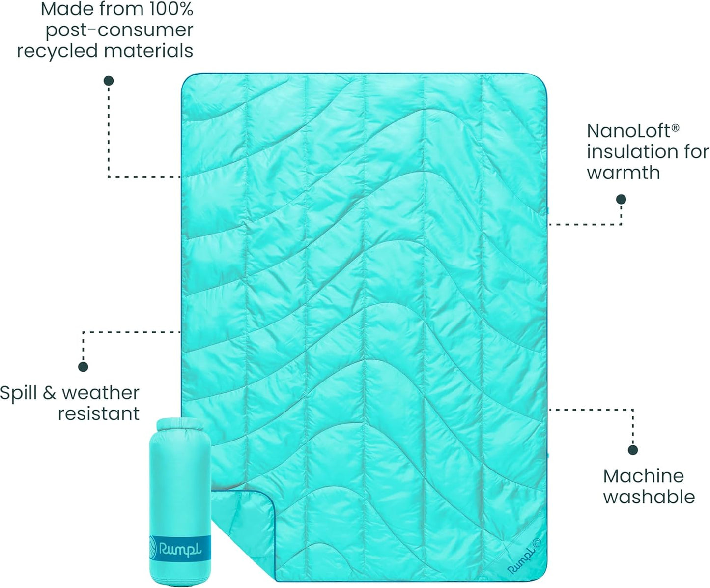 Rumpl Travel Puffy Blanket, Ultra-Packable Travel-Size Warmth and Comfort, Seafoam