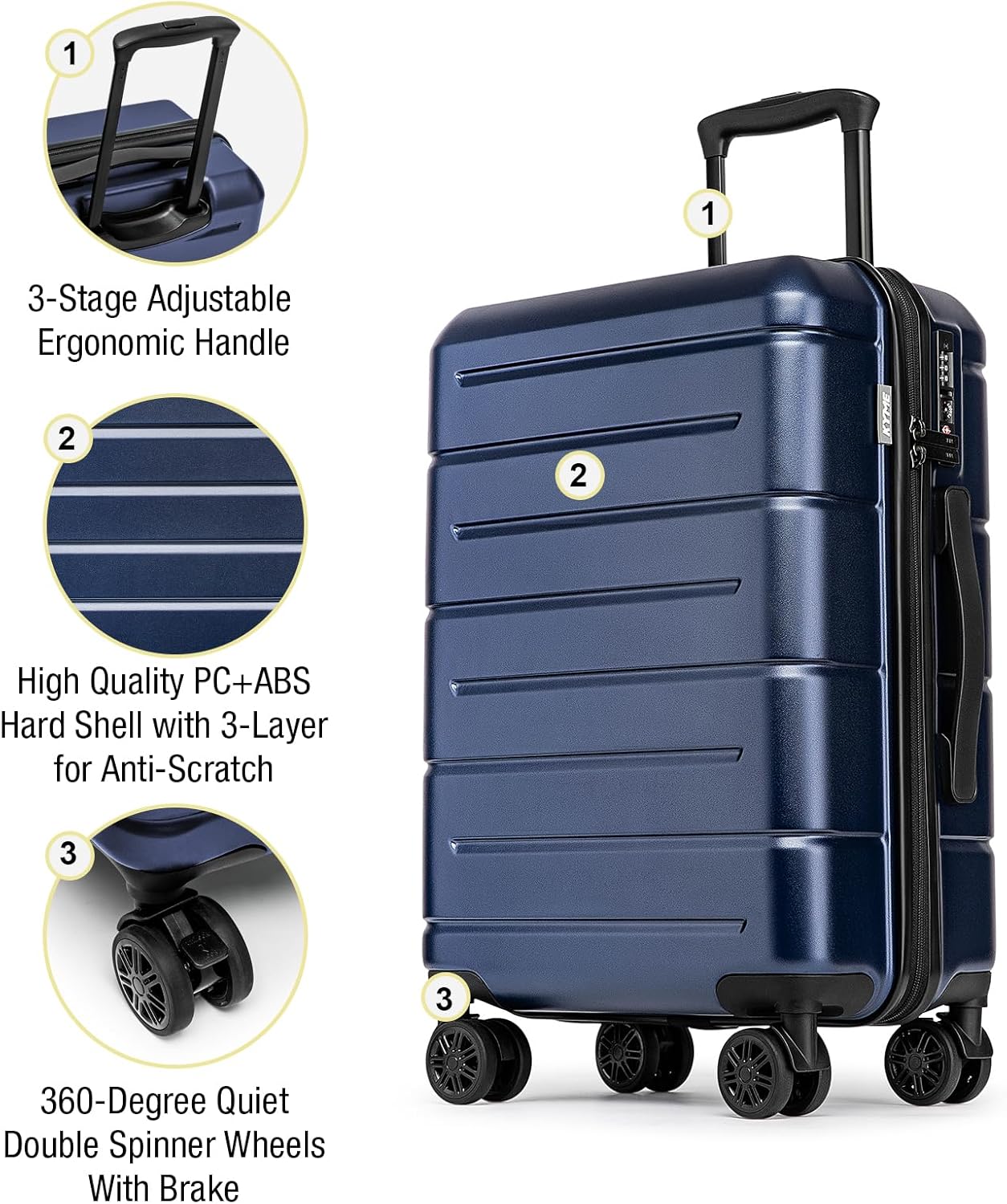 KYME Luggage Sets 3 Piece Hardshell 22in/26in/30in Suitcases with Spinner Wheels Hardside Suitcase Sets with TSA Lock Travel Rolling Luggage Set for Women Men Navy