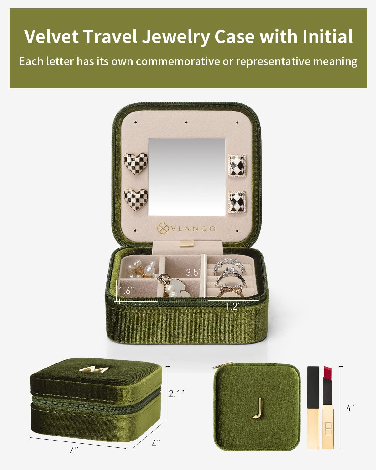 Vlando Plush Velvet Travel Jewelry Case, Personalized Initial Jewelry Boxes for Women Girls, Mini Jewelry Travel Organizer Travel Essentials for Birthday Gifts - Letter J, Green