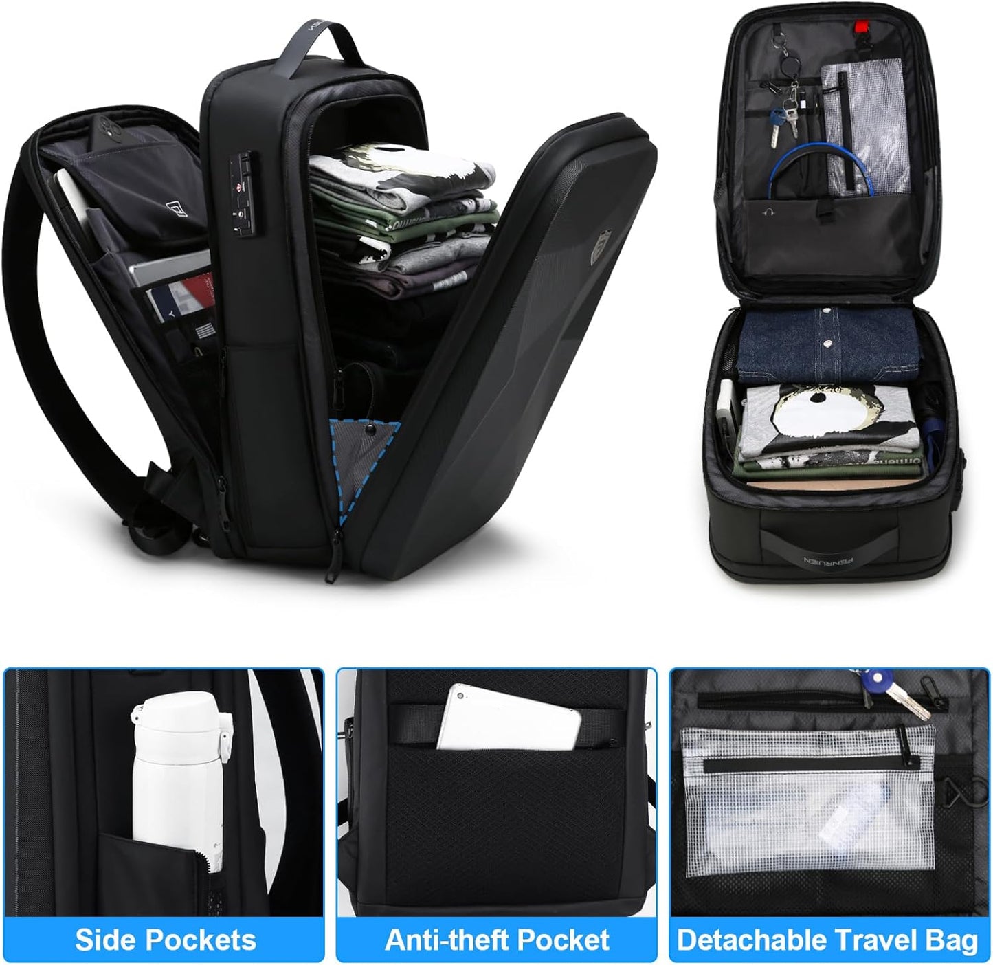 FENRUIEN 17 Inch Laptop Backpack for Men,Waterproof Anti Theft Computer Backpack with USB C Charging Port,Hardshell Gaming Laptop Bag,Black