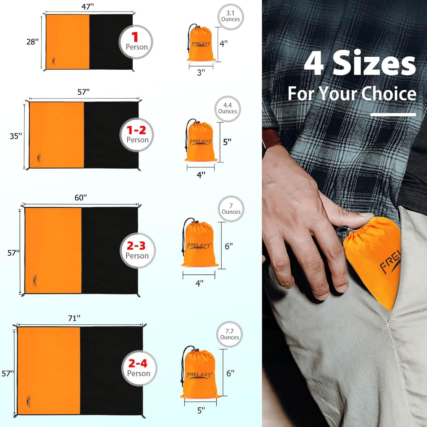 Frelaxy Pocket Picnic Blanket, Waterproof Sandproof Beach Mat, Compact Camping Tarp for Festivals, Hiking, Travel, Outdoor Recreation