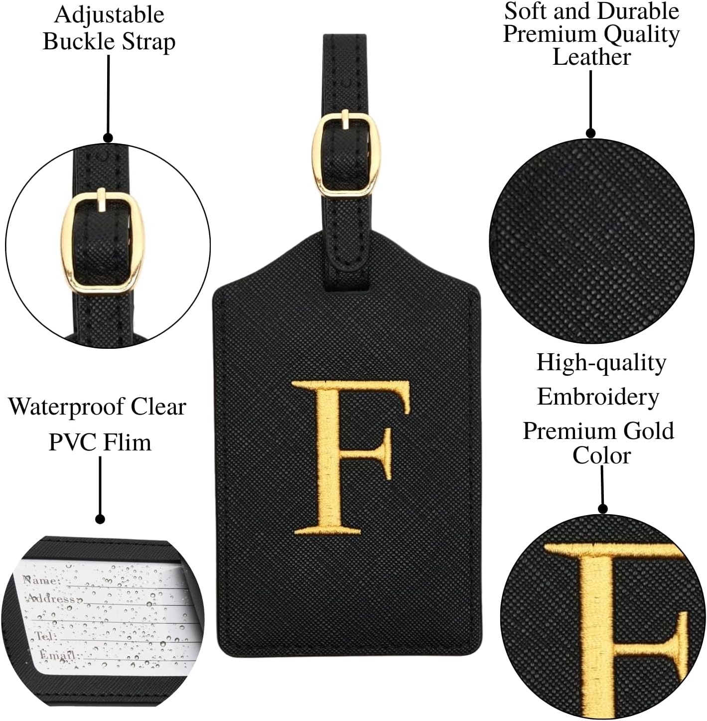 Luggage Tag PU Leather for Suitcase Baggage Handbag Travel Bag Label Suitcase Tag Label Tag w. Name Card & Privacy Cover (F)