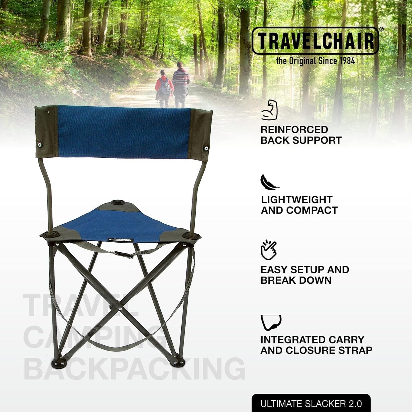 Travel Chair Ultimate Slacker, Quick Folding Tripod Stool with Backrest, Fishing Camping Hiking Chair with Carry Strap, Polyester, Blue