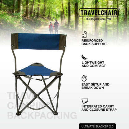 Travel Chair Ultimate Slacker, Quick Folding Tripod Stool with Backrest, Fishing Camping Hiking Chair with Carry Strap, Polyester, Blue