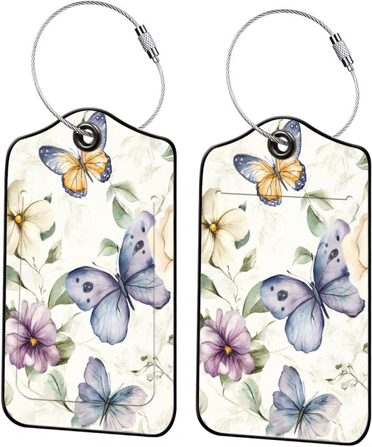 Luggage Tags for Suitcases, 2-Pack PU Leather for Cruise & Travel, Baggage ID Tags with Privacy Cover & Address Card, Durable Metal Ring, Kids Adults Travel Accessories, Elegant Butterfly Florals