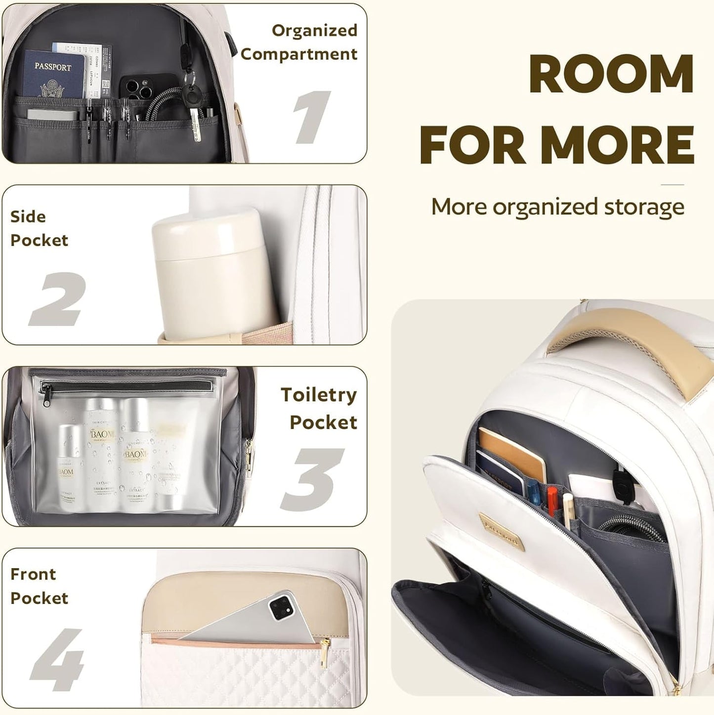 Small Rolling Backpack, Underseat Carry On Luggage With Wheels For Adults, 15.6 Inch Wheeled Backpack for Women, Travel Roller Bag, Beige