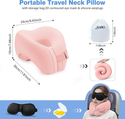 Neck Pillow Airplane, Ergonomic Memory Foam Travel Pillows for Long Flights, 3D Eye Masks, Ear Plugs and Portable Drawstring Bag, Napping Pillow for Home, Sleep Rest, Family and Travel Use