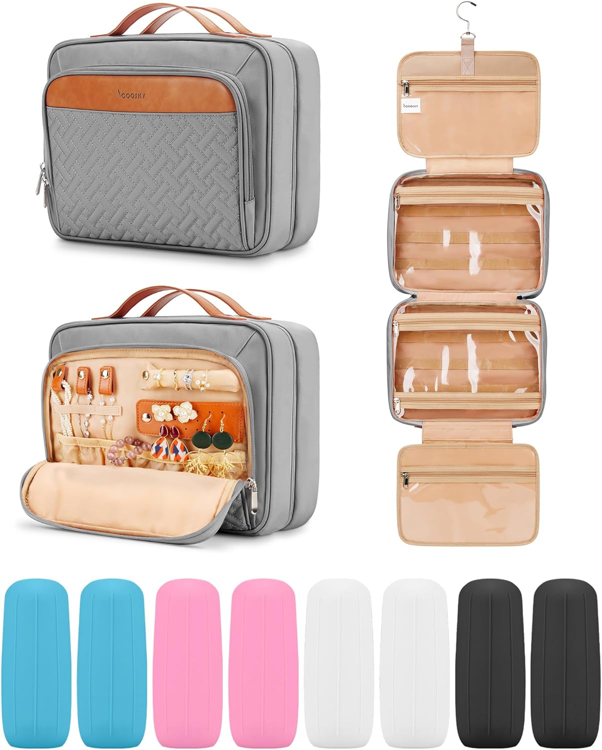 Travel Hanging Toiletry Bag for Women and Men, with 8 Leak Proofing Silicone Bottle Covers, Waterproof Makeup Accessories, Cosmetic Essentials, Cruise Ship Toiletries Bag with Jewelry Organizer, Pink