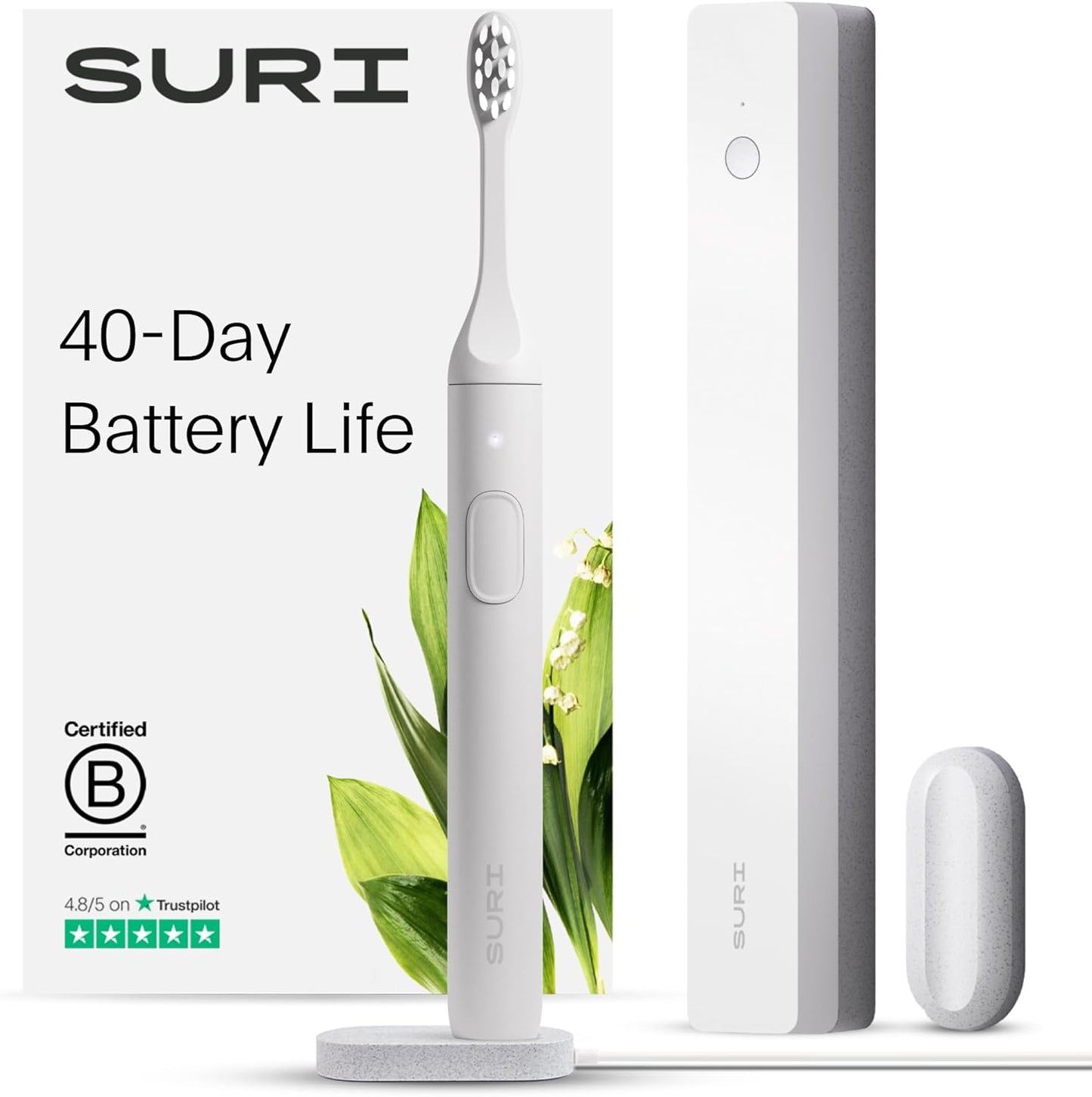 SURI Sonic Electric Toothbrush with UV Travel Case - 40-Day Battery- Designed in California - Electric Toothbrushes Adults - Slim Travel Tooth Brush