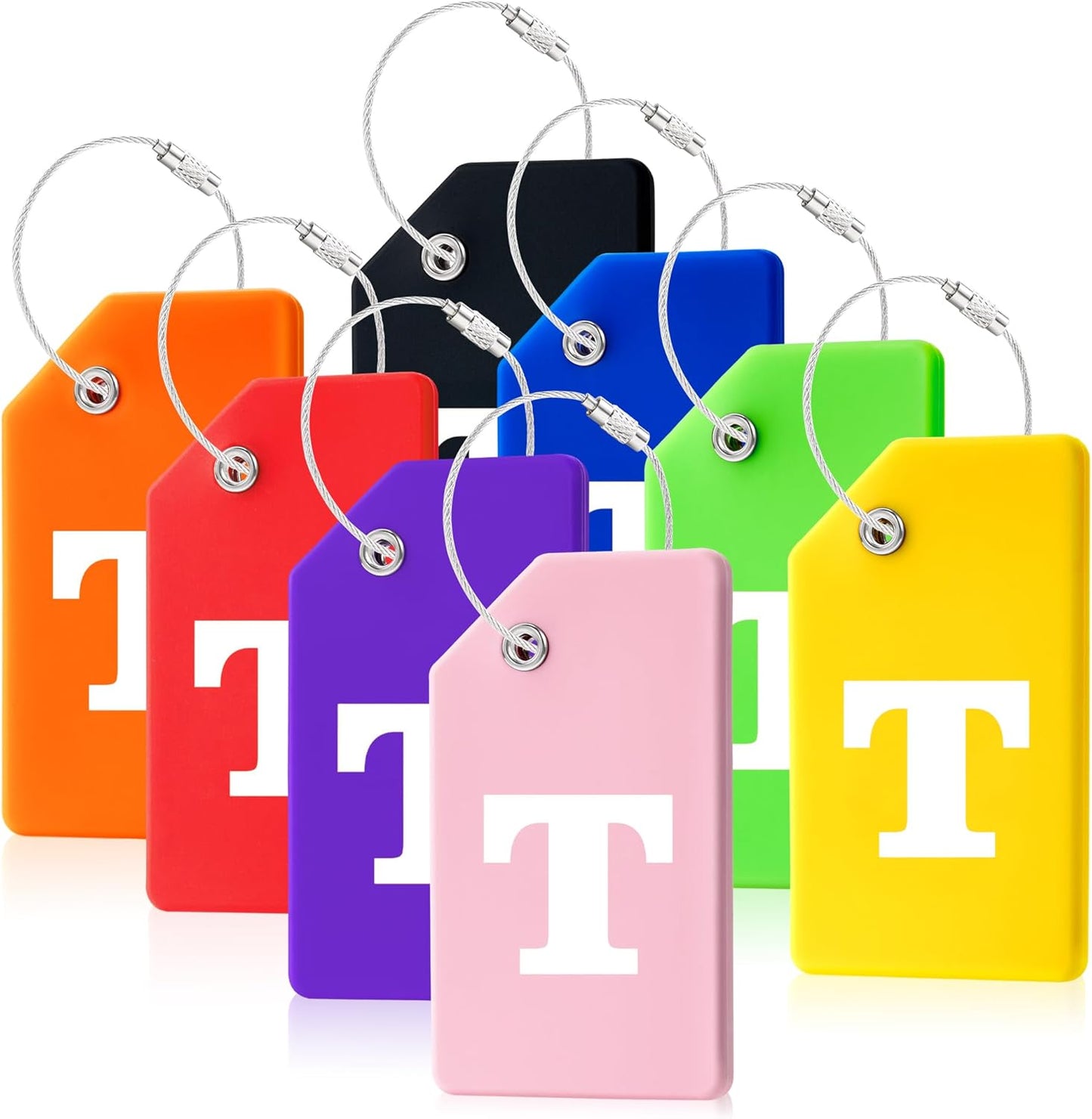 8 Pcs Luggage Tags for Suitcases, 26 Initial Letter Travel Luggage Baggage Identification Labels ID Tags Fully Bendable Tags with Stainless Steel Loop (Letter T, Colorful)