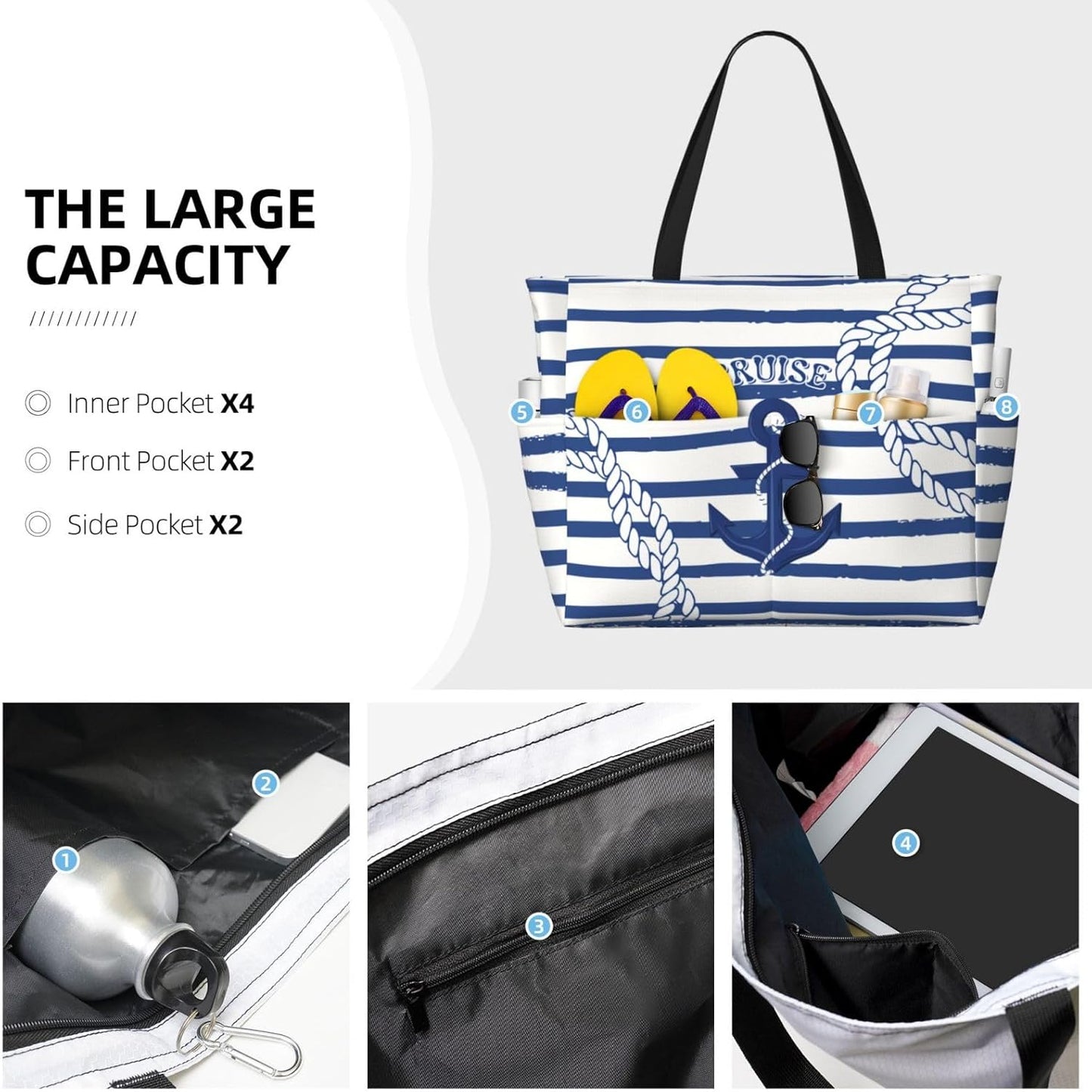 Beach Bag for Women Beach Tote Bag Waterproof Sandproof Large Bags with Zipper Big Capacity for Vacation Travel