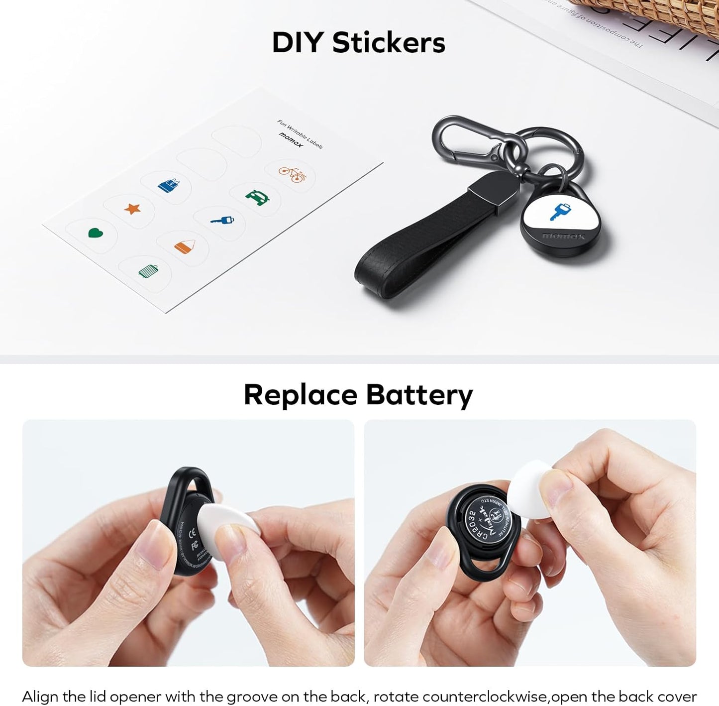 Momax Key Finder Tracker Tag - [Apple MFi Certified] Smart Bluetooth Tracking Device with Find My (iOS Only), Replaceable Battery, DIY Stickers, for Wallets, Luggage, Suitcases, Backpacks, 4 Pack